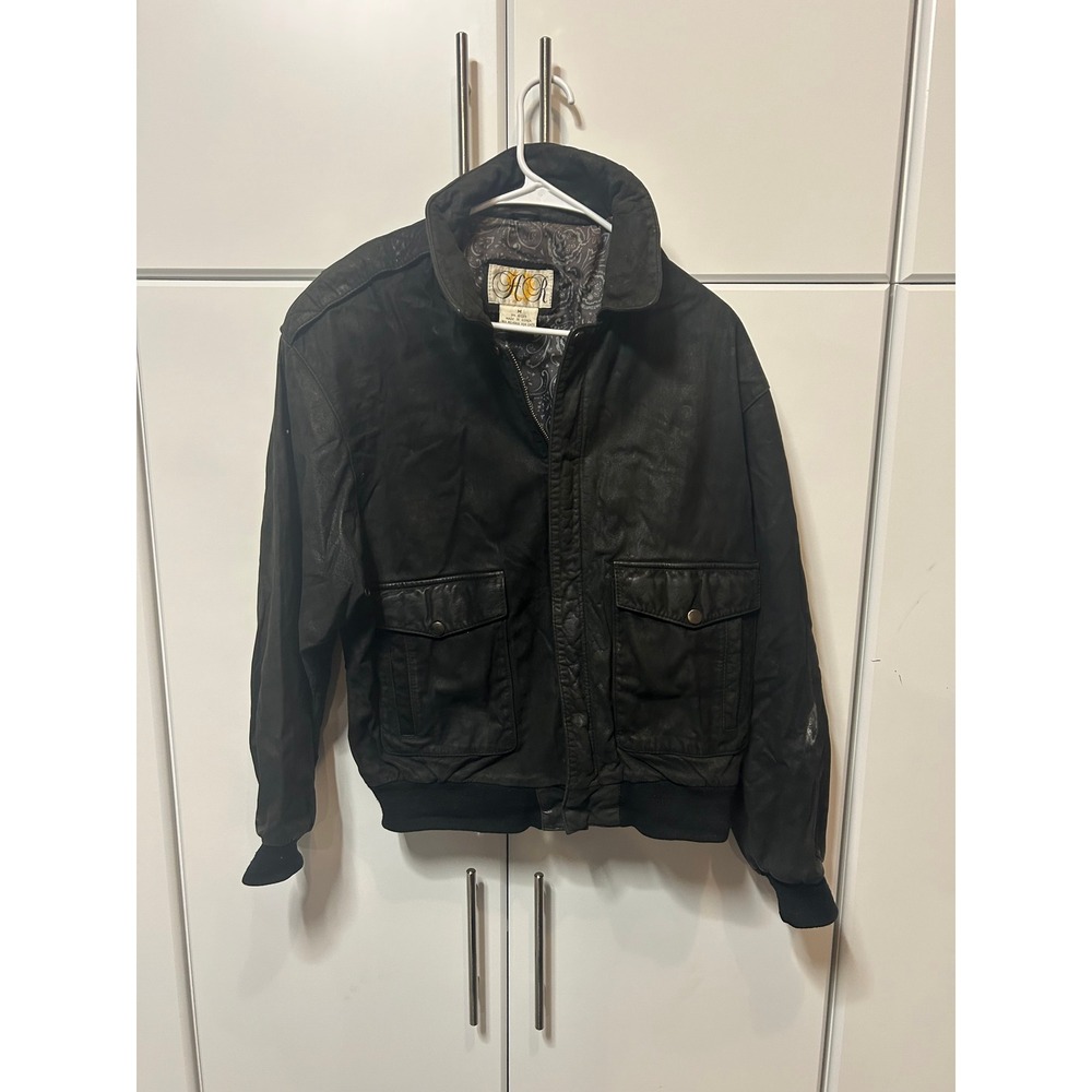 HR Vintage Black Leather Bomber Jacket Paisley Lining Mens Medium Aviator Flight
